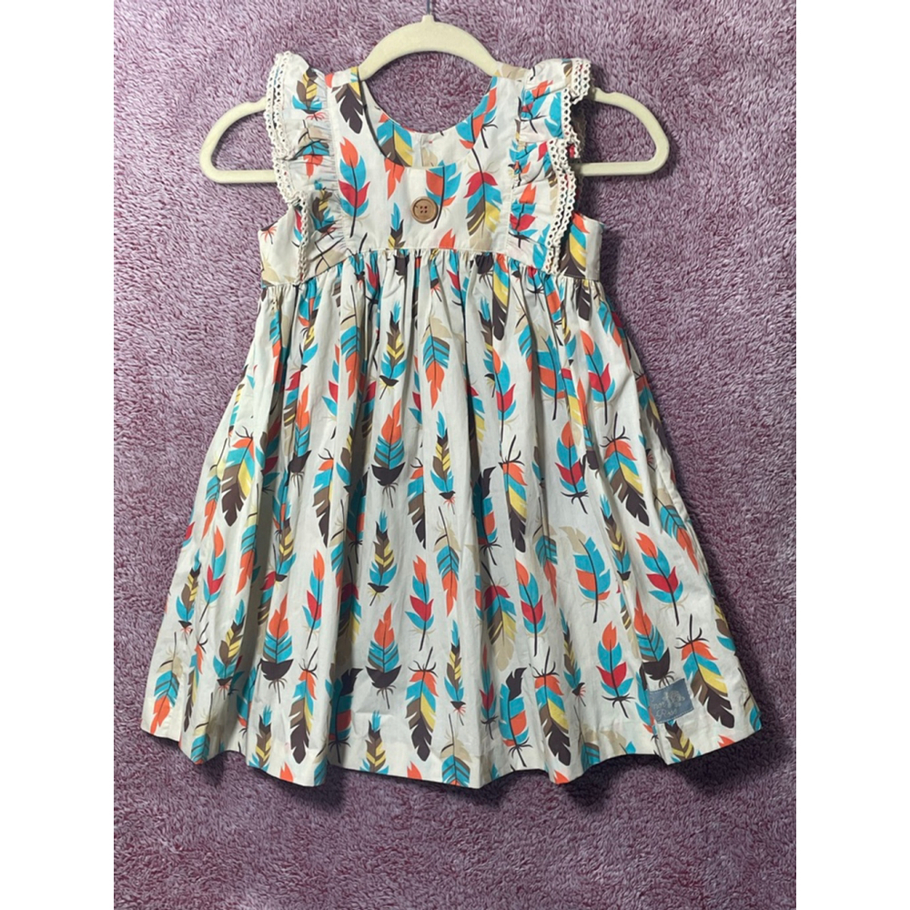 Girls Eleanor Rose Casual Feather Print Dress Size 6 White Multicolor